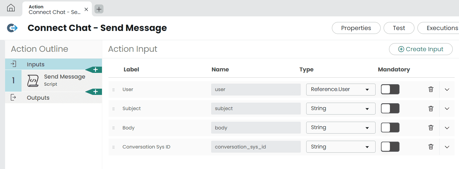 ServiceNow Flow Action Connect Chat Inputs