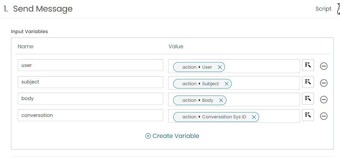 ServiceNow Flow Action Connect Chat Script Input Variables