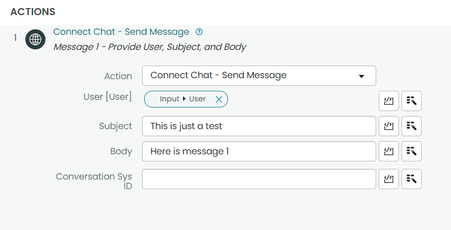ServiceNow Test Connect Chat Action Subflow First Call Inputs
