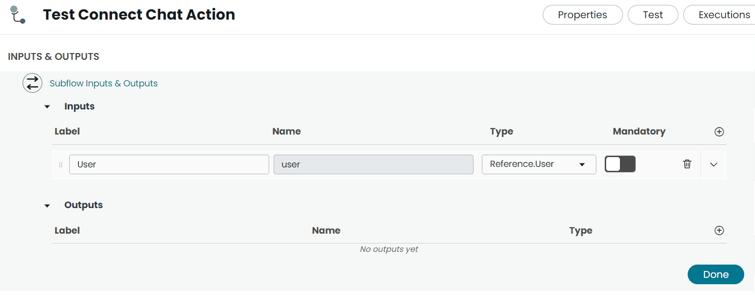 ServiceNow Test Connect Chat Action Subflow Inputs