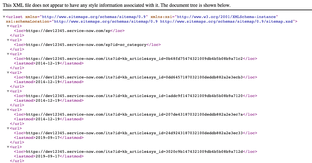 ServiceNow Sitemap Results